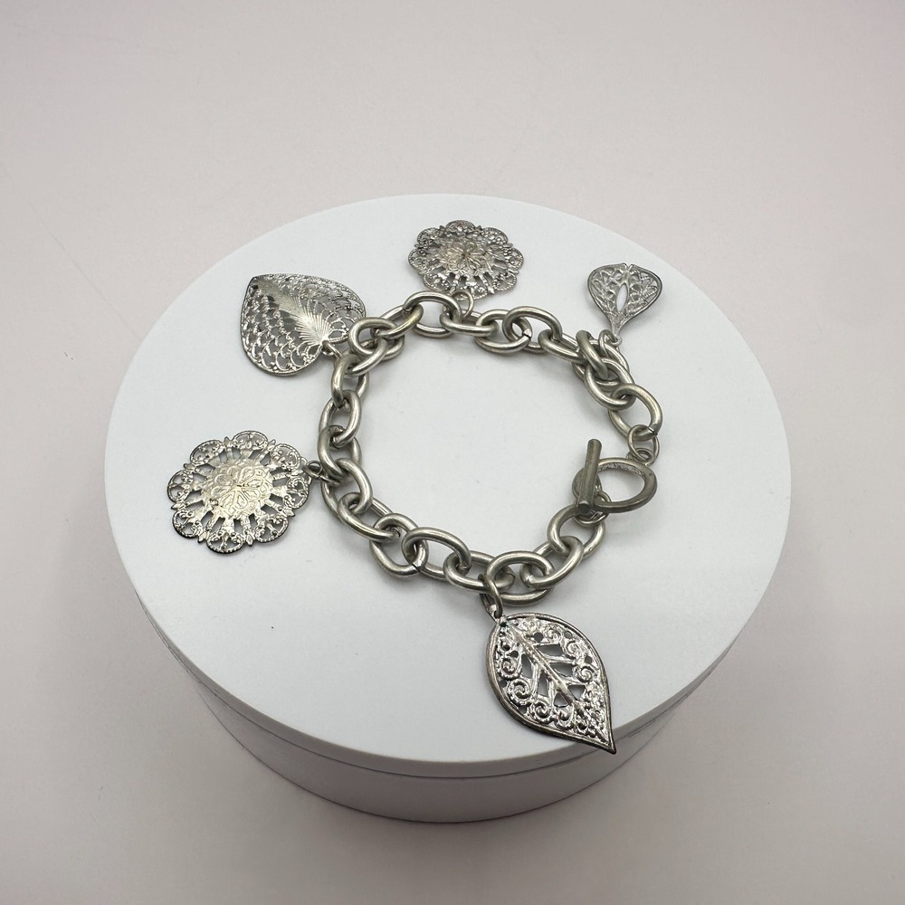 Vintage 90s Silver Tone Filigree Charm Bracelet Nature Leaf Floral Boho Jewelry